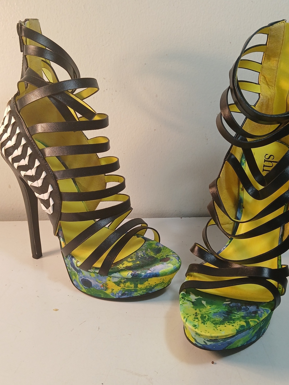 Shi by JOURNEYS Black Strappy Heels with Yellow & Multicolor Floral Platform